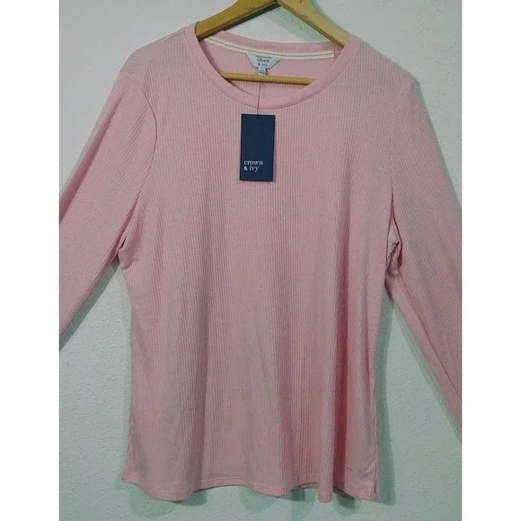 Crown & Ivy Pink Ribbed Long Sleeve Size XXL Crew Neck Pullover Shirt Top Casual - Picture 3 of 12